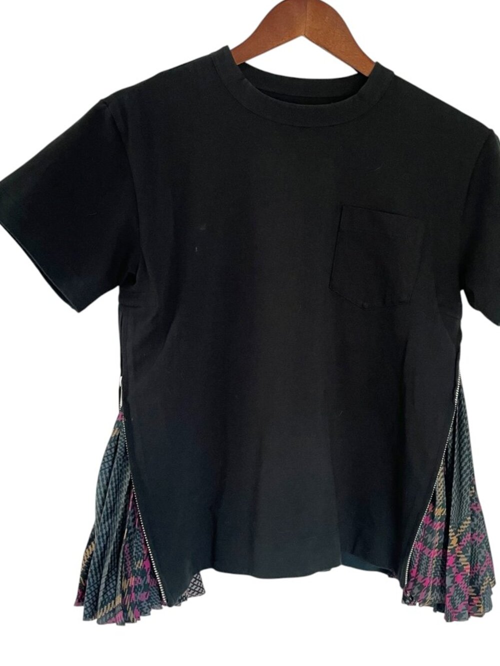 Sacai Pleated Swing T Shirt 2 / Medium M Black Plaid Paneled Top Mixed Media